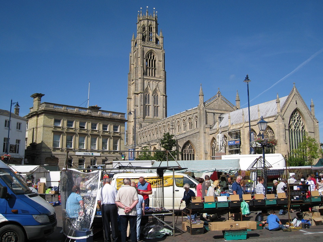 The Church of St Botolph on market day, Boston, Lincolnshire, England.